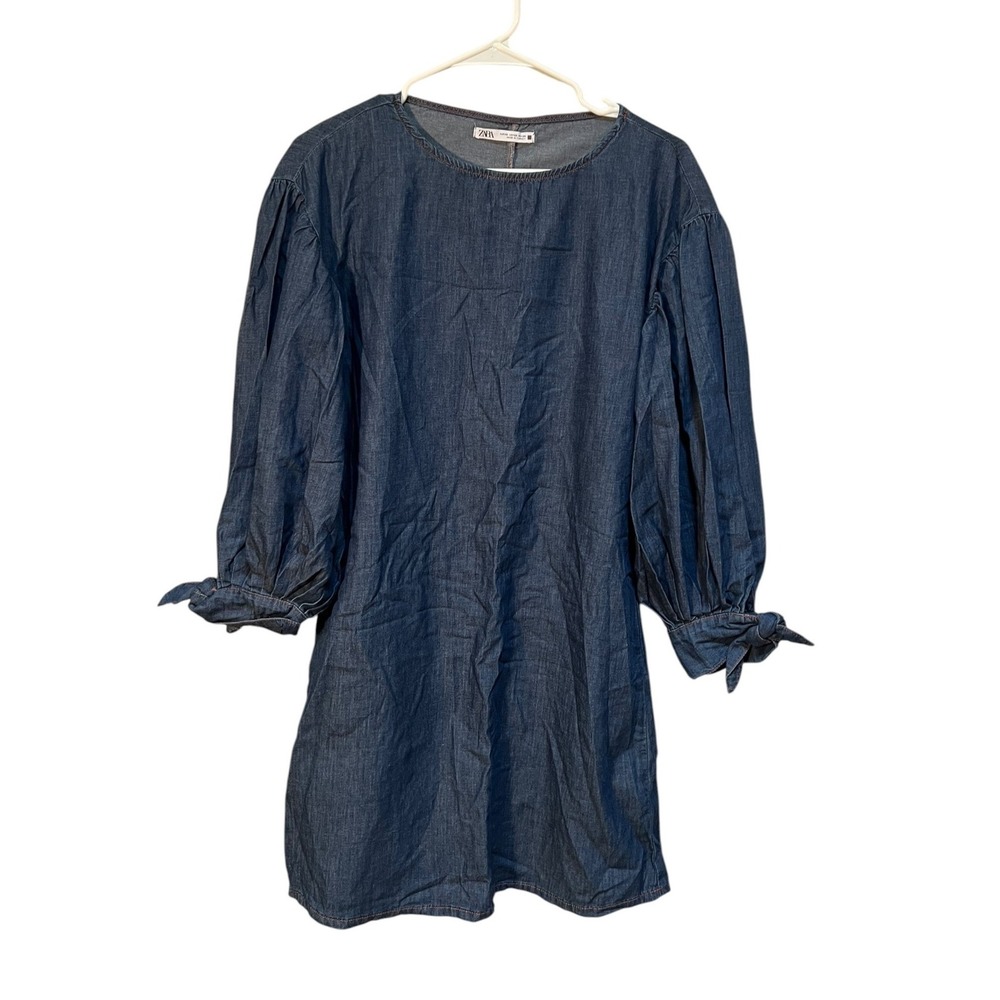 Zara Women's Size XS Chambray Denim Dress Boatneck 3/4 Tie Balloon Leaves Cotton